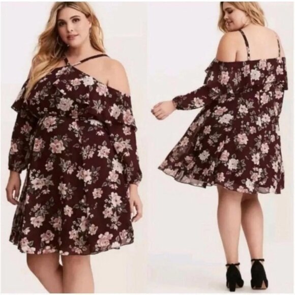Torrid Womens Size 16 Burgundy Floral Cold Shoulder Ruffle Dress NEW Longsleeve - Picture 2 of 14